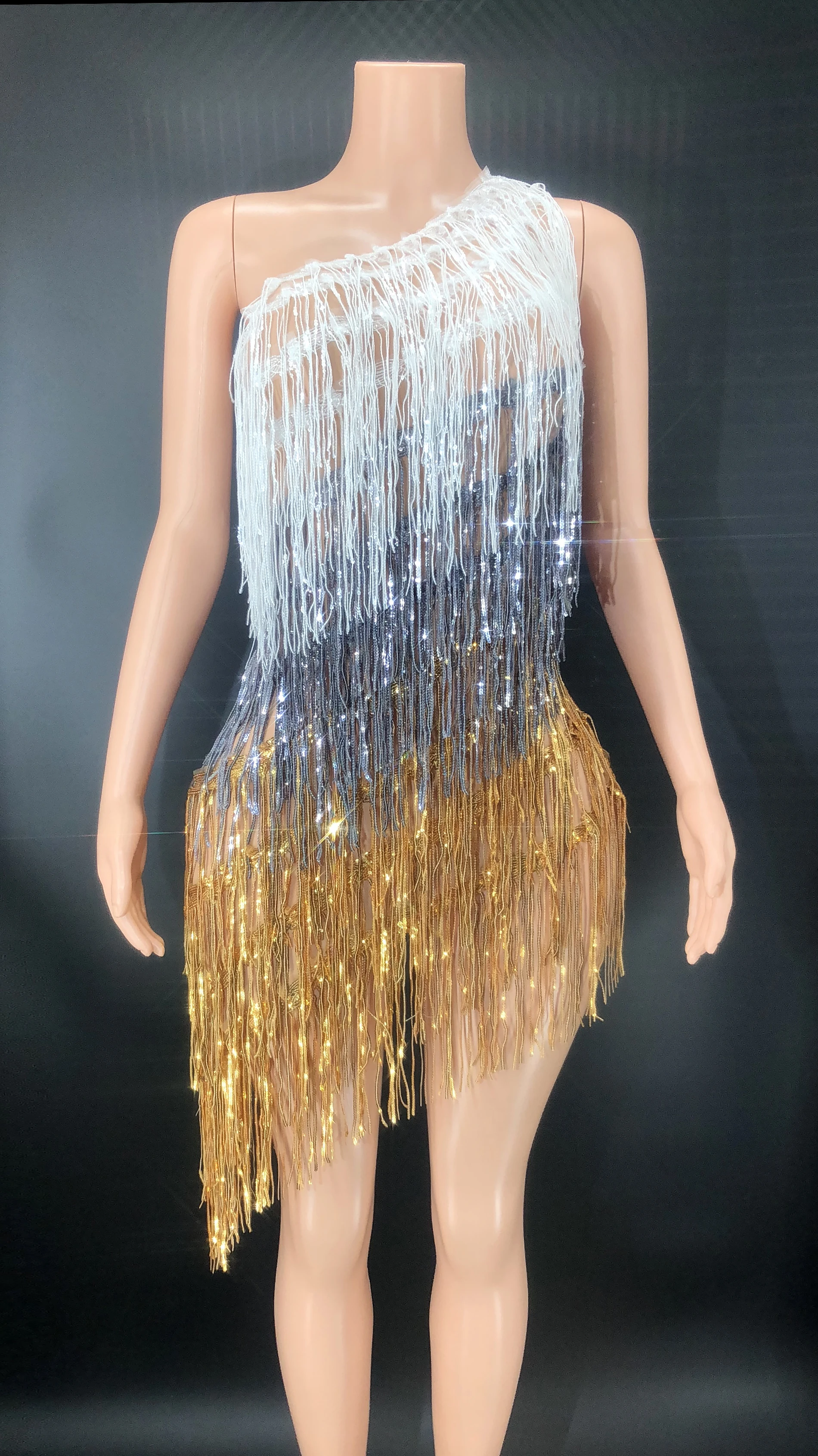 

Sexy Shining Silver Grey Gold Fringes One Shoulder Dress Prom Party Birthday Celebrate Evening Dance Costume Wear Plus Size