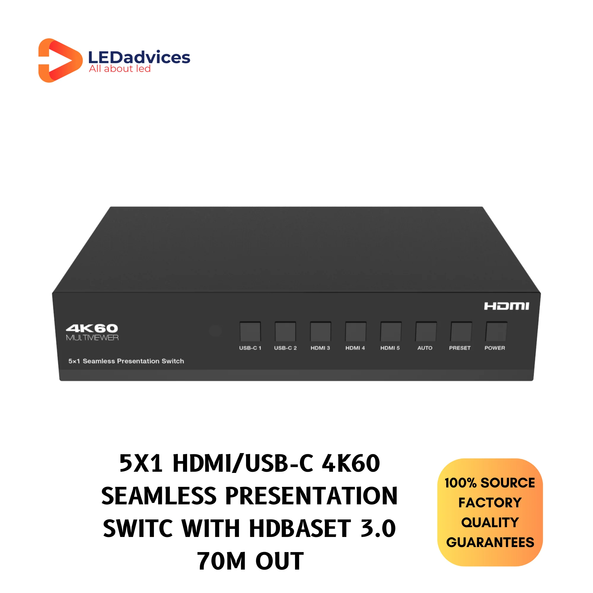 5x1 HDMI/Φ 4K60 бесшовный переключатель для презентаций с HDBaseT 3,0 70m Out, USB-C