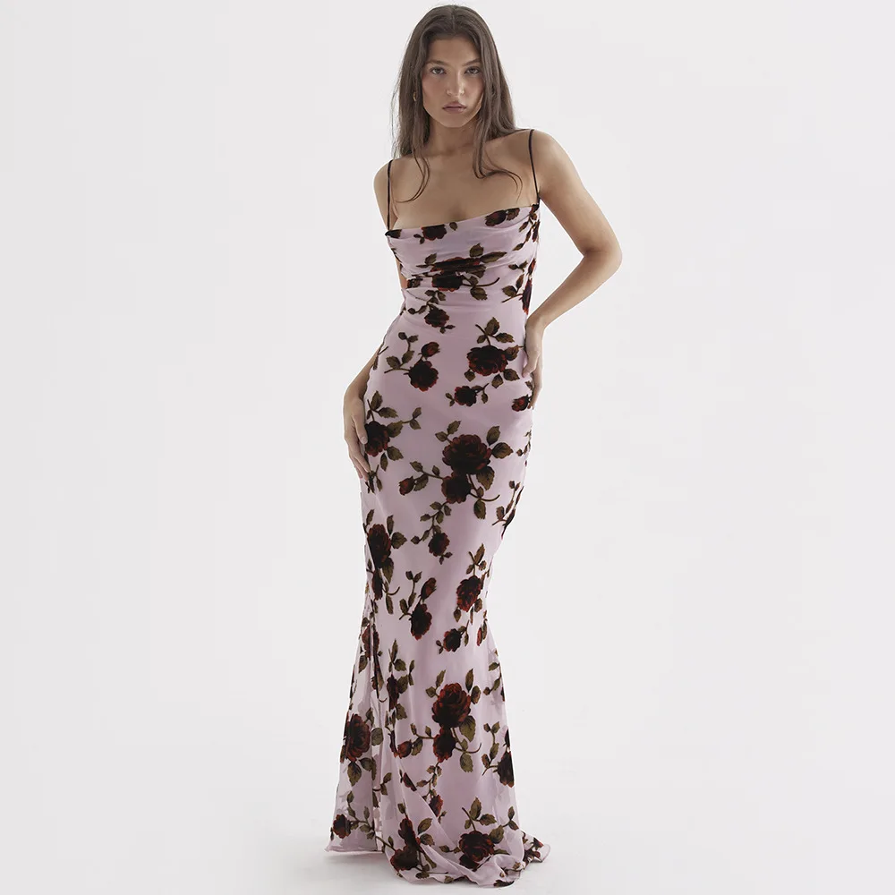 

Lace Up Backless Maxi Dress Sexy Mesh Floral Printing Bodycon Holiday Dress Elegant Spaghetti Strap Dress Summer 2023