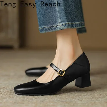 2024 New Square Head Fashion Thick Heel Shoes Buckle Simple Women's Shoes Mary Jane Women's Shoes High 4.5cm Size 34-43