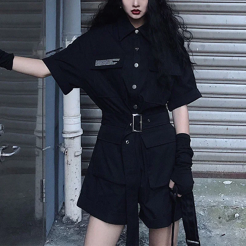Women Casual High Waist Loose Black Romper Female Fashion Button Wide-leg High Street Cargo Short Playsuits Gothic Streetwear
