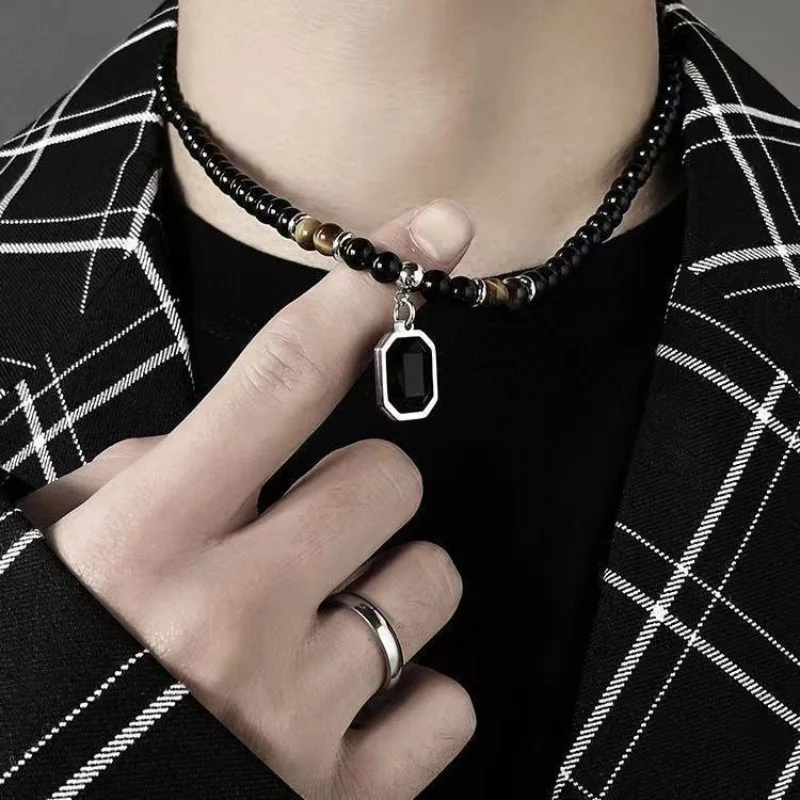 Stainless Steel Men Necklace with Tiger Eyes Stone Beads