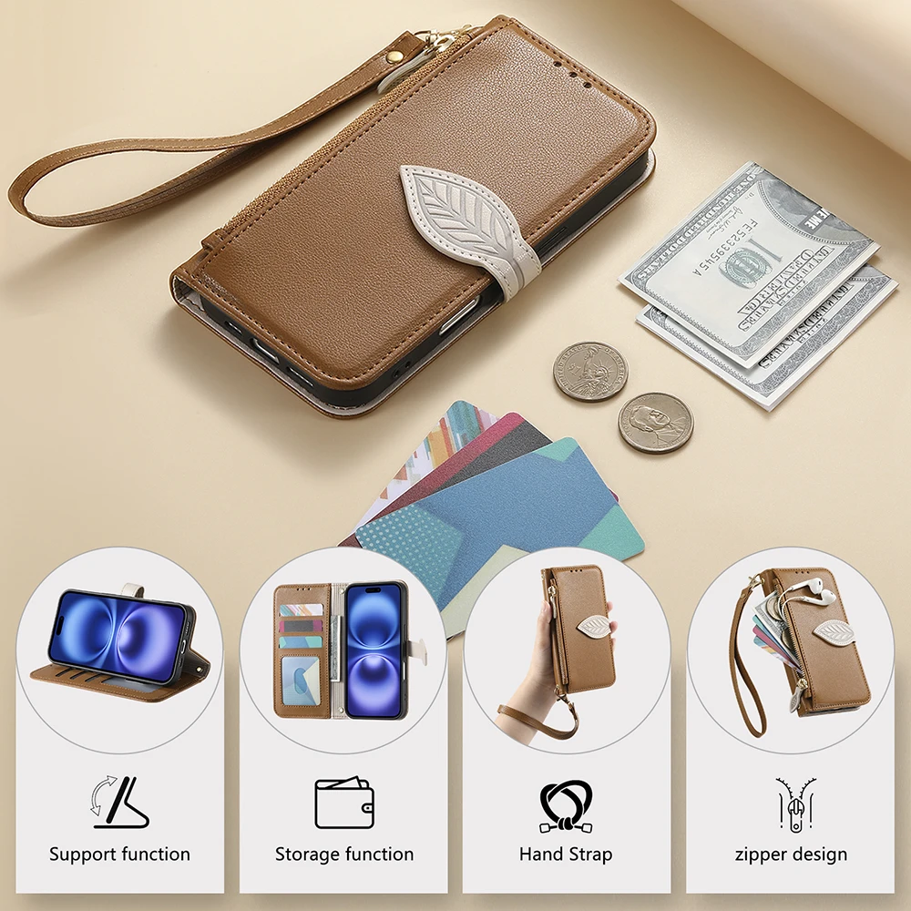 Leaf Buckle Leather Crossbody Lanyard Wallet Phone Case