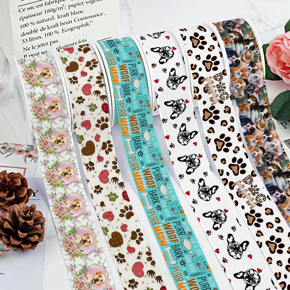 Cartoon Dogs Pattern Paw Printed Grosgrain Ribbon For Cheer Bows Fai Da Te Girl Headwear Hair Bows 10Yards