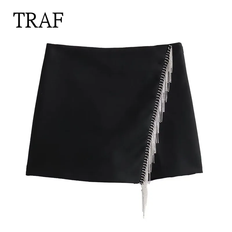 

TRAF Black Shorts Skirt Women 2023 Fashion Tassel Short For Women Clothing High Waited Party Skirt Summer Sexy Y2k Skirts Female