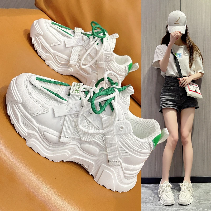 

Classic Women Chunky Sneakers Breathable Mesh Mid Heels Lace Up Platform Shoes for Women Round Toe Vulcanize Shoes Plus Size
