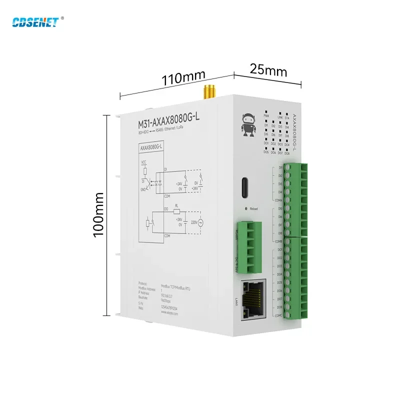 8DI+8DO RS485 433M Lora Analog Switch Acquisition Remote IO Module Ethernet CDSENET M31-AXAX8080G-L Modbus RTU Long Distance i o network modules