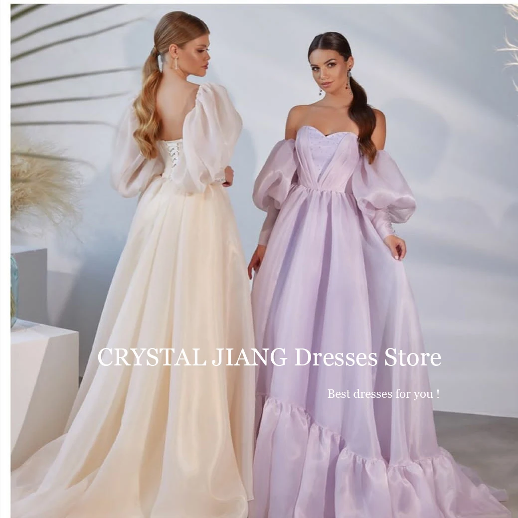 

Vintage Long Sweetheart Lilac Organza Prom Dresses with Puffy Sleeves A Line Pleated Sweep Train Abiti Per Occasioni Formali