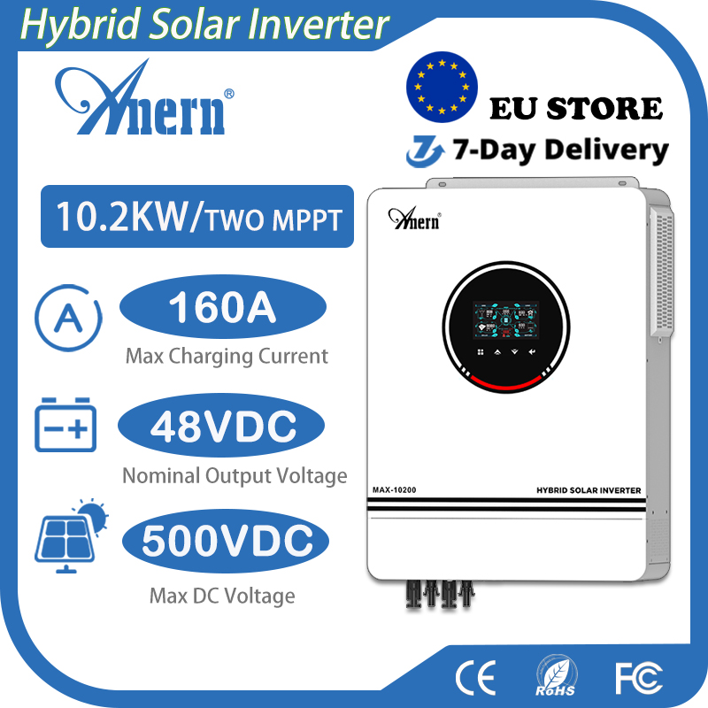 Anern 10.2KW/6.2KW MPPT Hybrid Solar Inverter 48V Build-in MPPT 160A 230VAC Solar Charge Controller Dual PV Input Solar Inverter 