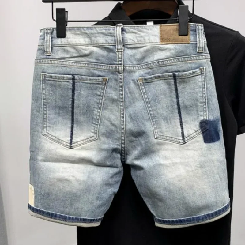 Male Denim Shorts with Pockets Blue Men's Short Jeans Pants Ripped Spliced New Harajuku Fashion Cowboy Thin ZL456