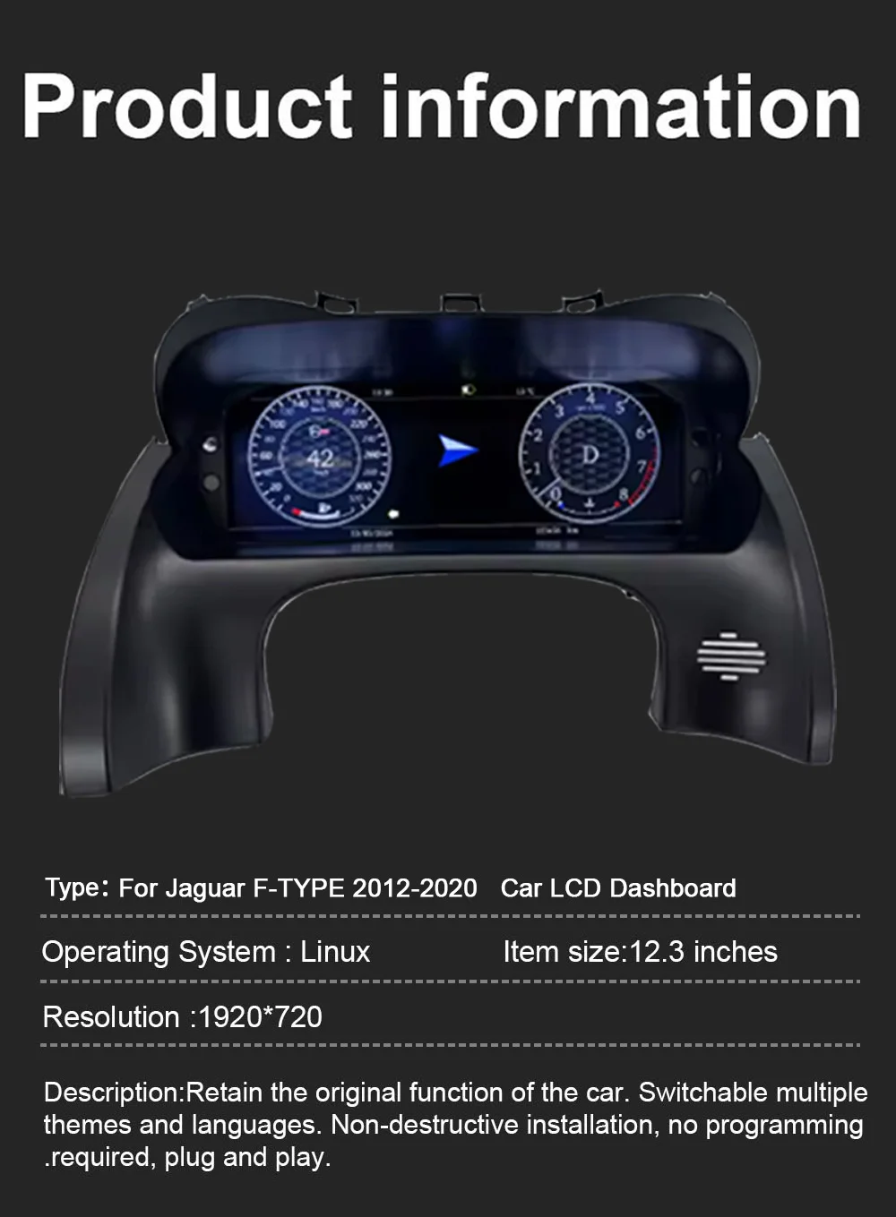 For Jaguar F-TYPE 2013-2020 Carplay LCD Digital Instrument Cluster Speedometer,D