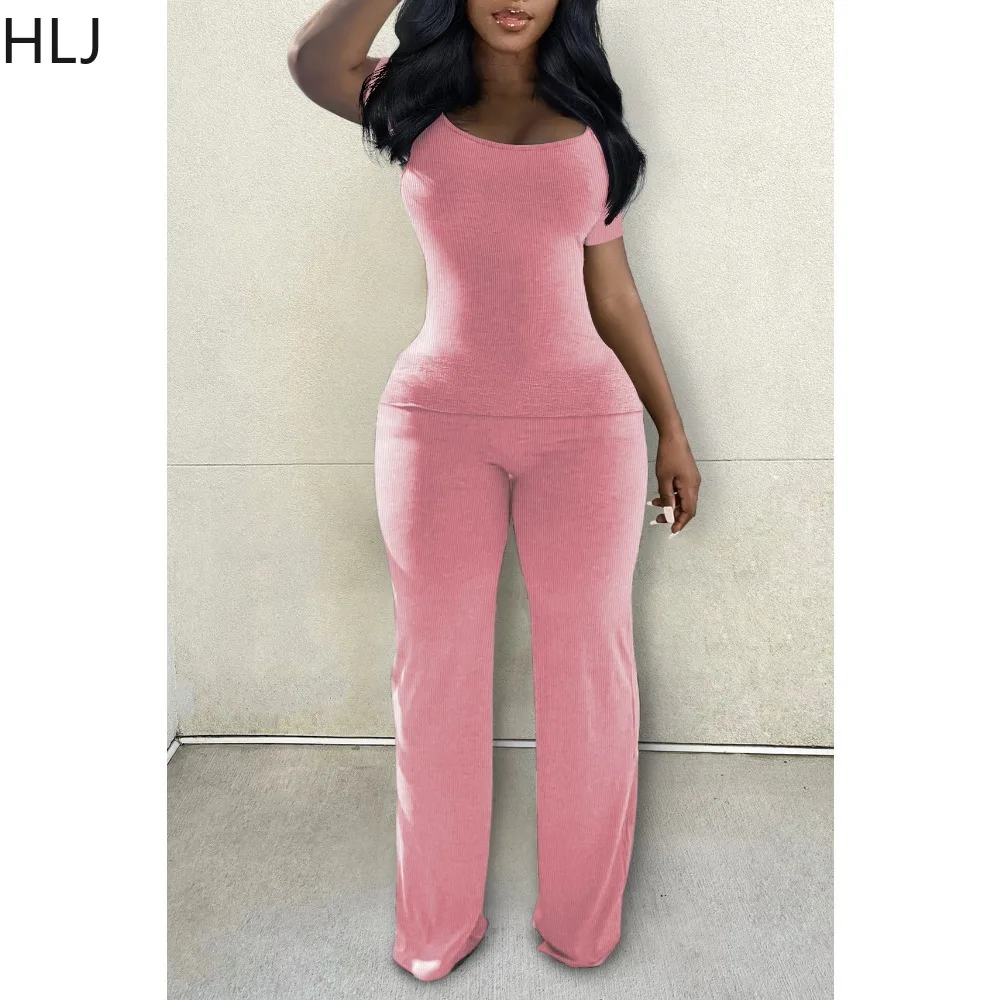 HLJ Spring New Ribber Two Piece Sets Women Square Neck Long Sleeve Top And Wide Leg Pants Tracksuits Casual Home 2pcs Outfits
