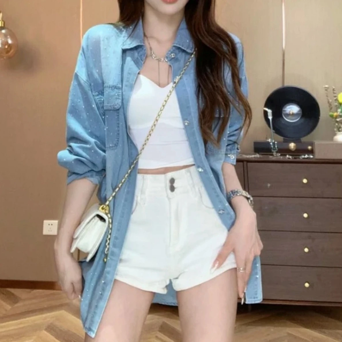 샤이닝 핫 다이아몬드 캐주얼 셔츠, 다용도 루즈 데님 가디건 상의, 가을 2023 신상 패션