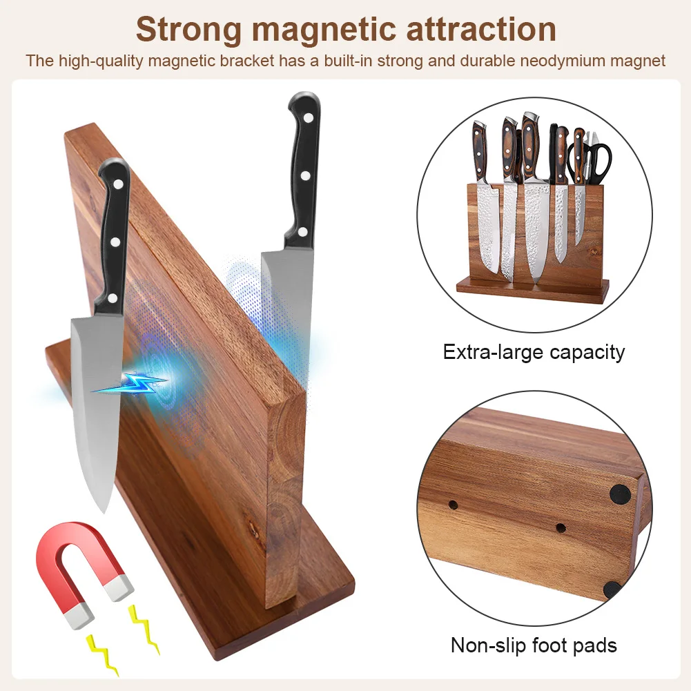 Magnetic Wooden Knife Block Double-Sided Solid Wood Knife Holder Stand with Strong Enhanced Magnets Can Hold Multiple Knives
