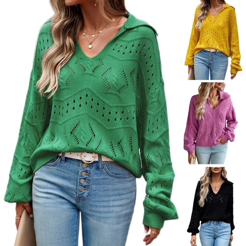 

Womens Fashion Long Sleeve Solid Color Knitted Sweater V-Neck Lapel Loose Pullover Jumpers Tops Autumn Winter Tops P8DB