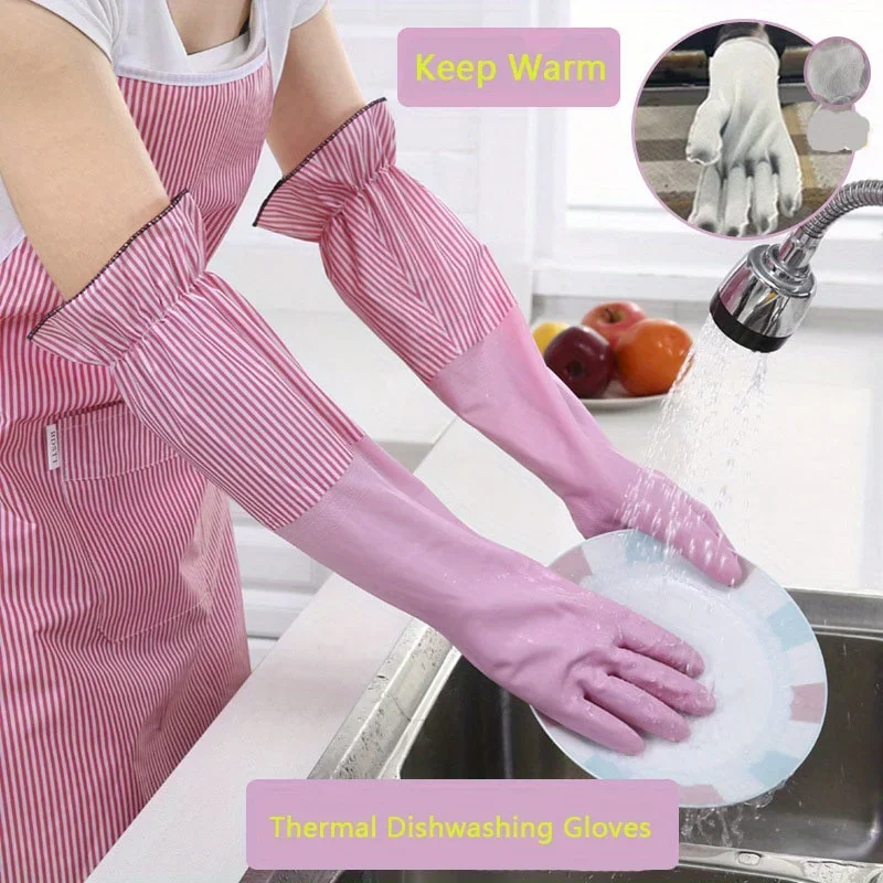 1 pair of winter warm gloves, velvet lining, kitchen dishwashing gloves, household gloves, durable laundry gloves 4