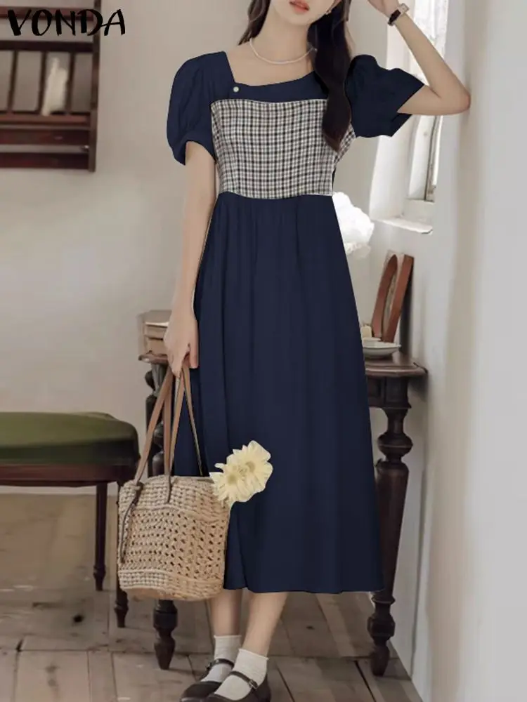 

VONDA Women Plaid Patchwork Dress Fashion Sundress 2023 Summer Casual Square Neck Short Sleeve Long Dress Loose Robe Femme