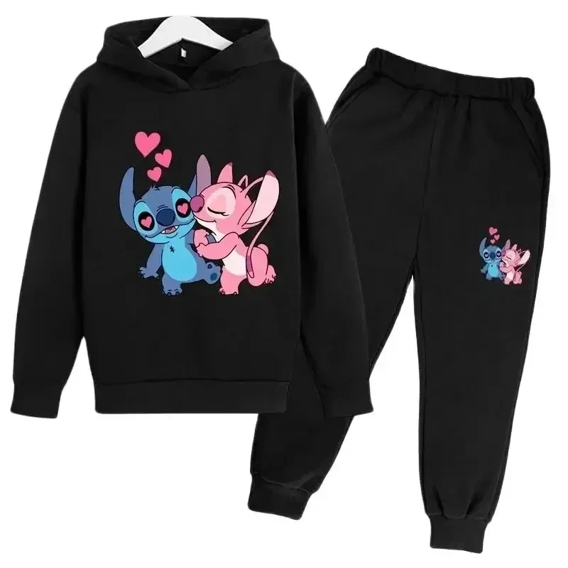 thumbnail image 1 of Conjunto de 2 piezas de sudadera y pantalones con estampado de dibujos animados de Disney Stitch para niños de 3 a 14 años, ropa deportiva informal para niños y niñas, 1 of 5