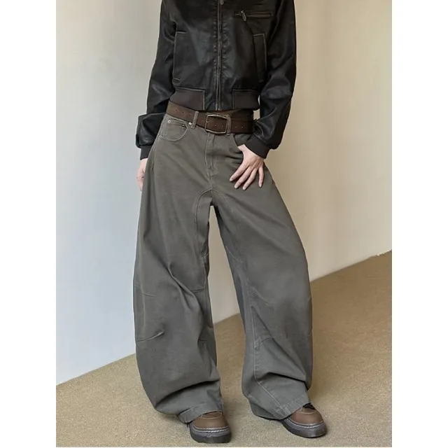 American Retro Brown Wide Leg Jeans Autumn Winter Women Clean Fit Versatile Banana Pants Trendy Shape High Waist Baggy Trouser 1