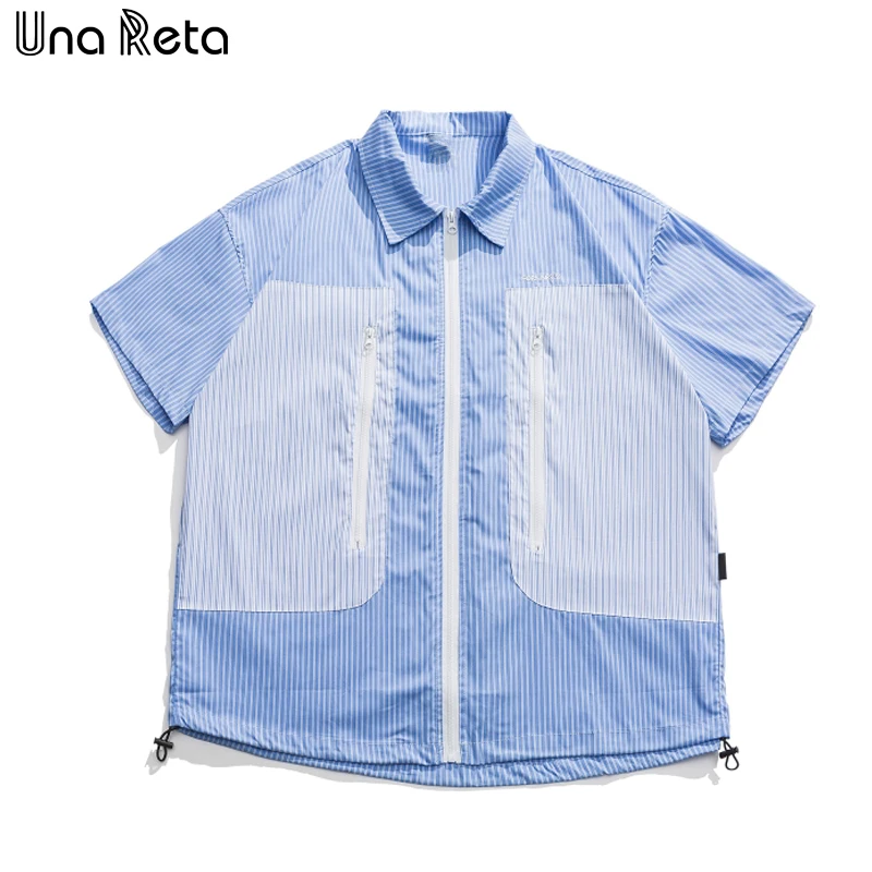 

Una Reta Men's Shirt Summer Tops Streetwear Hawaiian Short Sleeve Striped Shirts For Men Harujuku High Quality Zipper Shirts