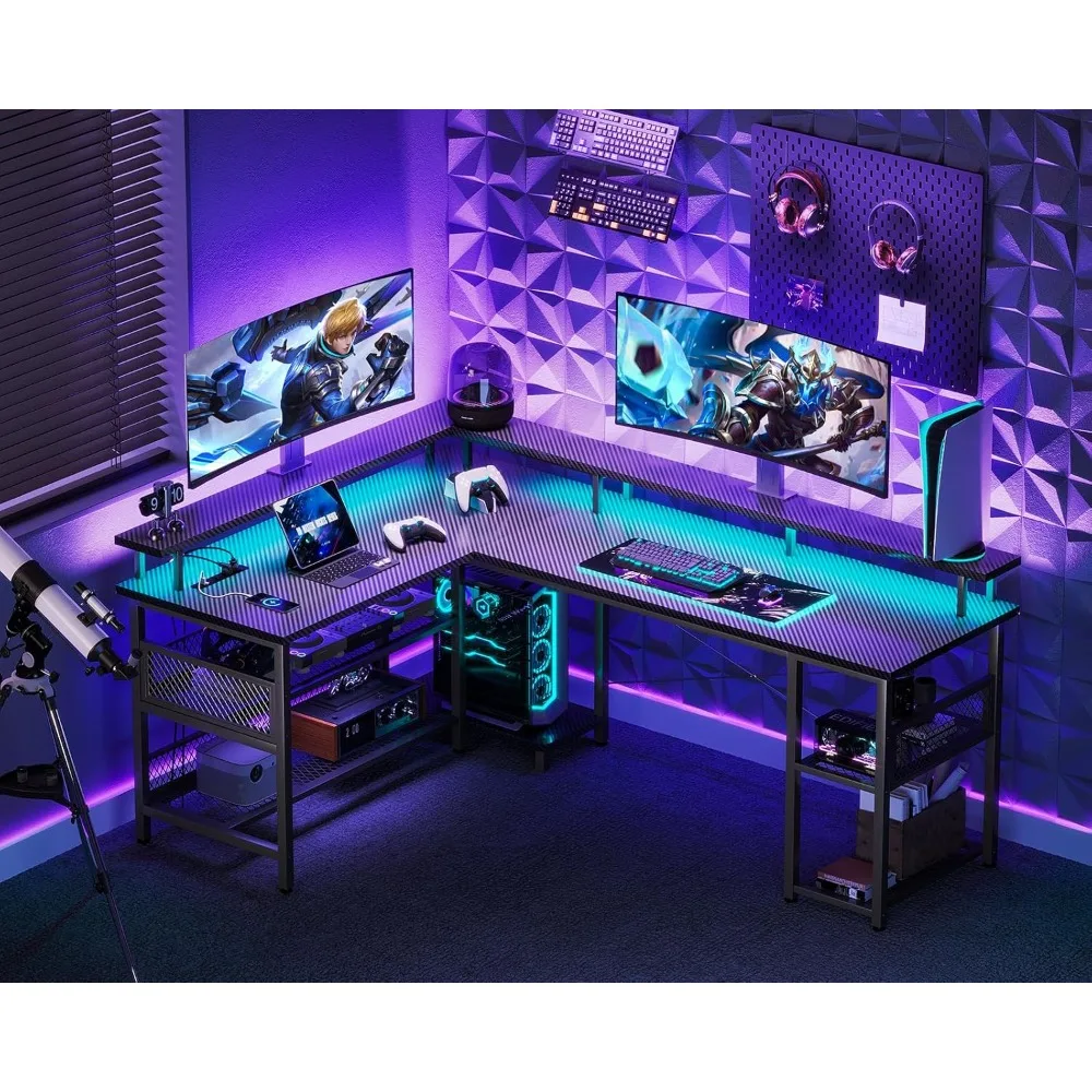 L-Shaped Gaming Desk with Power Outlet, LED Lights, Storage Shelves & Monitor Stand. Gaming Table with Carbon Fiber Texture 2