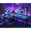 L-Shaped Gaming Desk with Power Outlet, LED Lights, Storage Shelves & Monitor Stand. Gaming Table with Carbon Fiber Texture 2