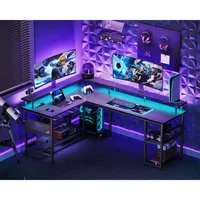 L-Shaped Gaming Desk with Power Outlet, LED Lights, Storage Shelves & Monitor Stand. Gaming Table with Carbon Fiber Texture 2