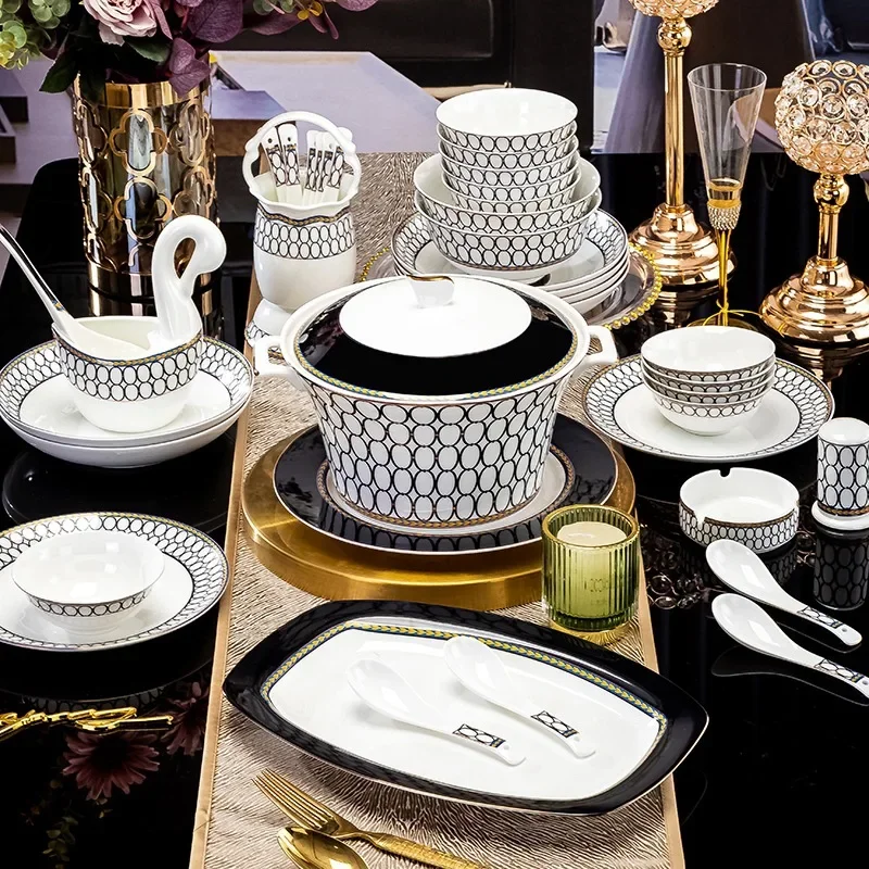 High-quality ceramic tableware set Household high-end bone china tableware set 60 pieces Full of gifts