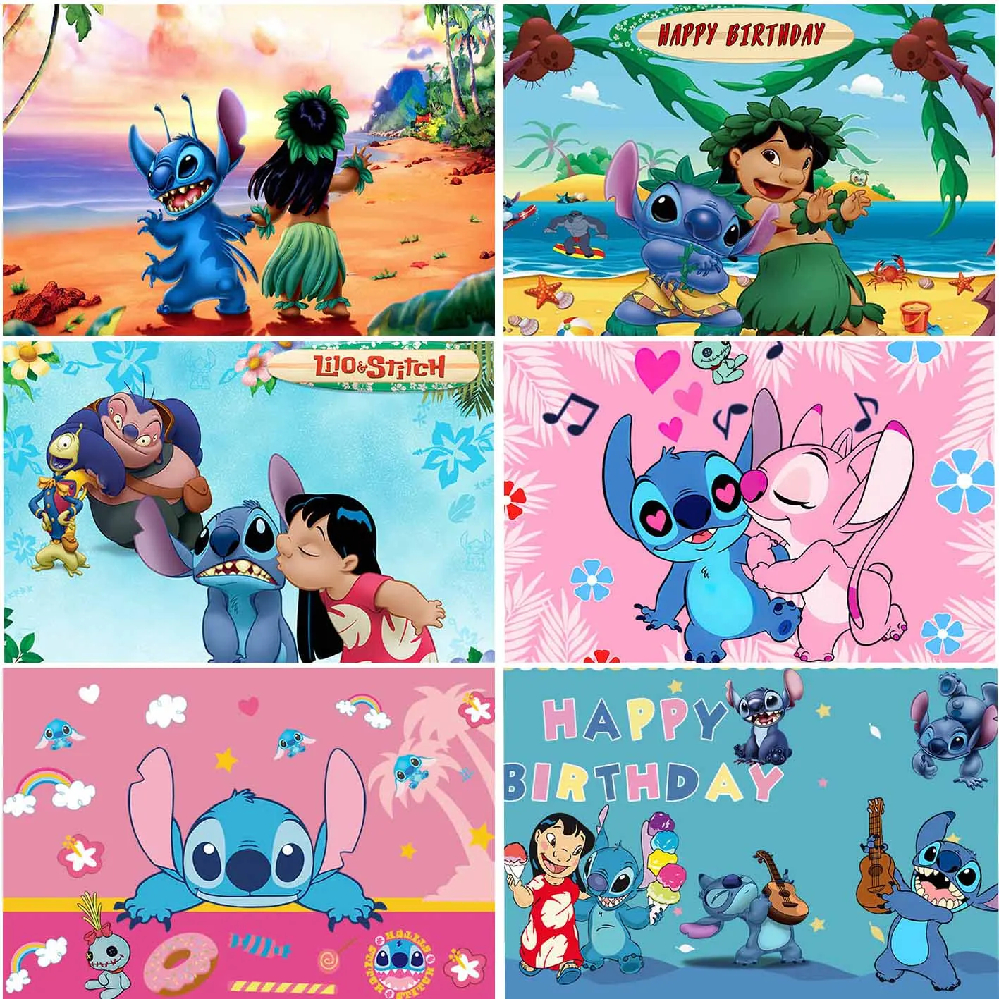 

Disney Cartoon Lilo And Stitch Backdrops Children's Happy Birthday Decoration Photographic Backgrounds Decor Banner Props