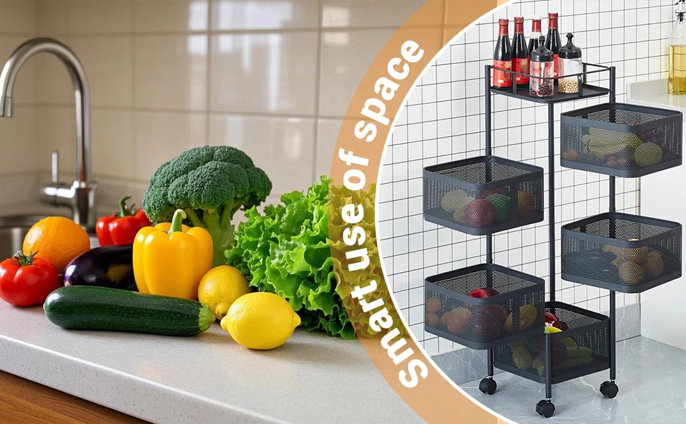 5-stufiges Küchenregal, abnehmbar, mit rollenden Rädern, Korbregal, Organizer für Obst, Gemüse, Lebensmittel, Küche – Detail 18