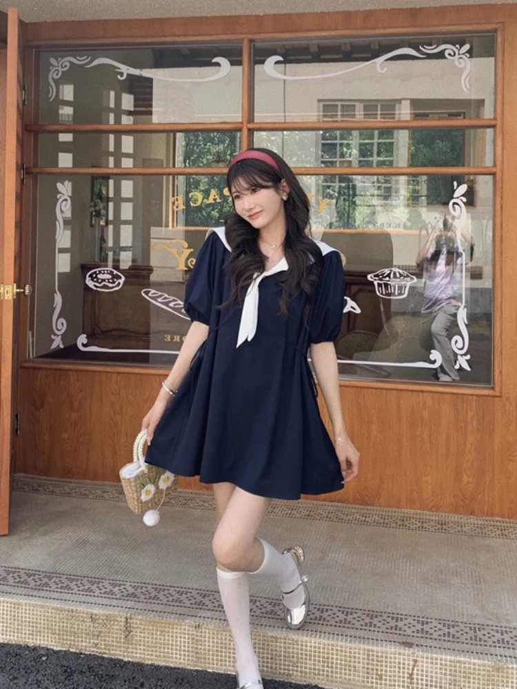 

Summer Preppy Style Pregnant Woman Dress Puff Sleeve Sailor Collar Bowknot Maternity A-Line Dress Elegant Pregnancy Mini Dresses