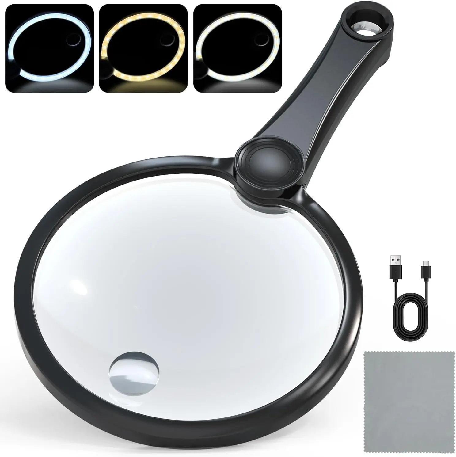 10X 20X 45X Large Magnifying Glass with Light 5.2" Dimmable Handheld Rechargeable Magnifier with 49 LED and 3 Light Modes