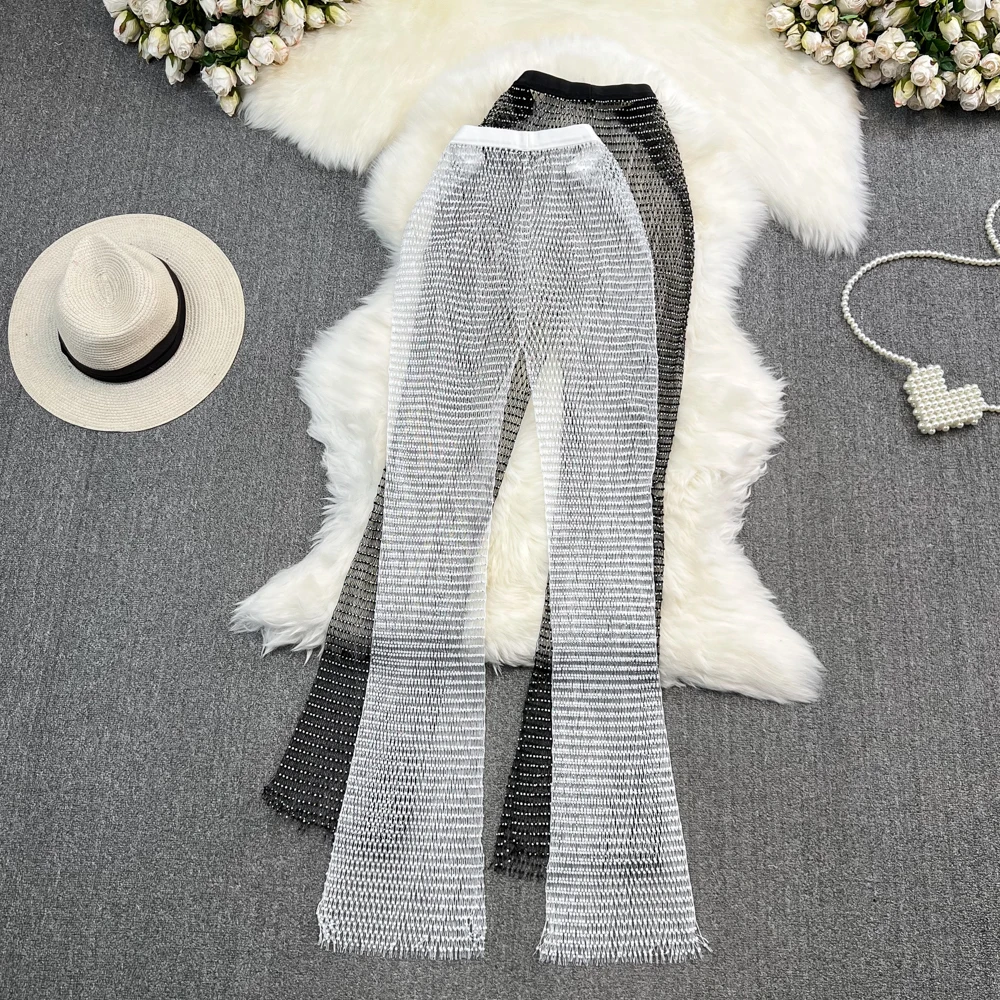 반짝이는 크리스탈 다이아몬드 망사 여성용 팬츠, 섹시한 시스루 하이 웨이스트 팬츠, 섹시한 블랙, 루즈, 핫 걸 파티 클럽웨어 