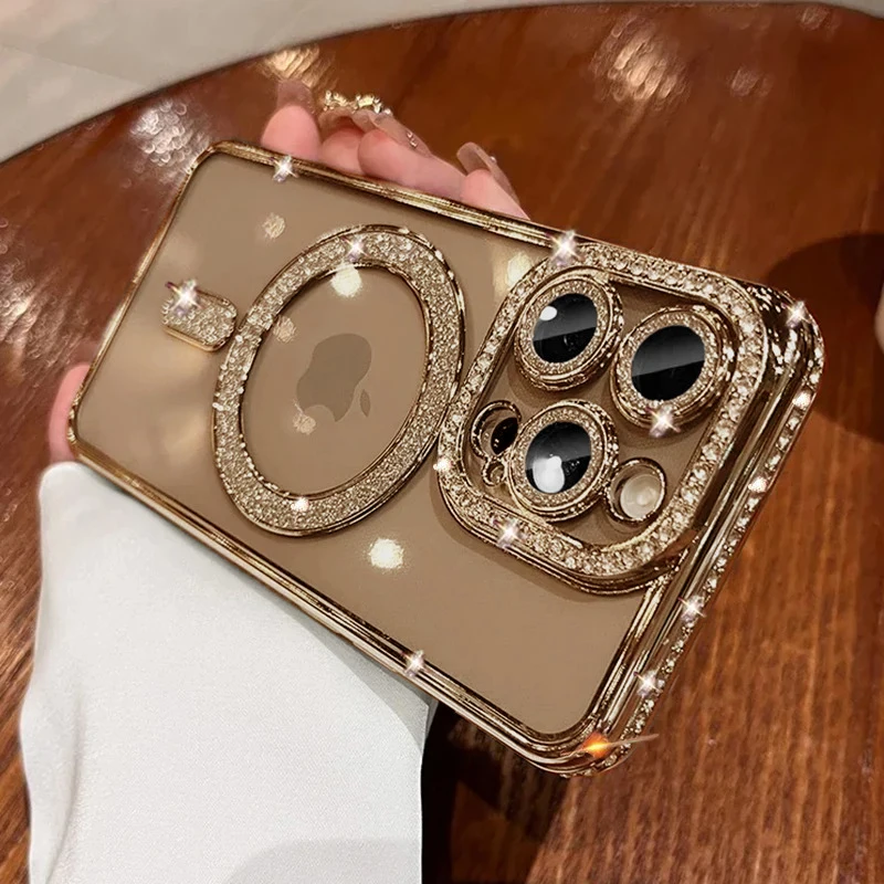 iPhone Case Bling Glitter Rhinestone Magnetic Wireless Charge Shockproof Jewelled Cover for iPhone 16 15 14 13 12 11 Pro Max Plus