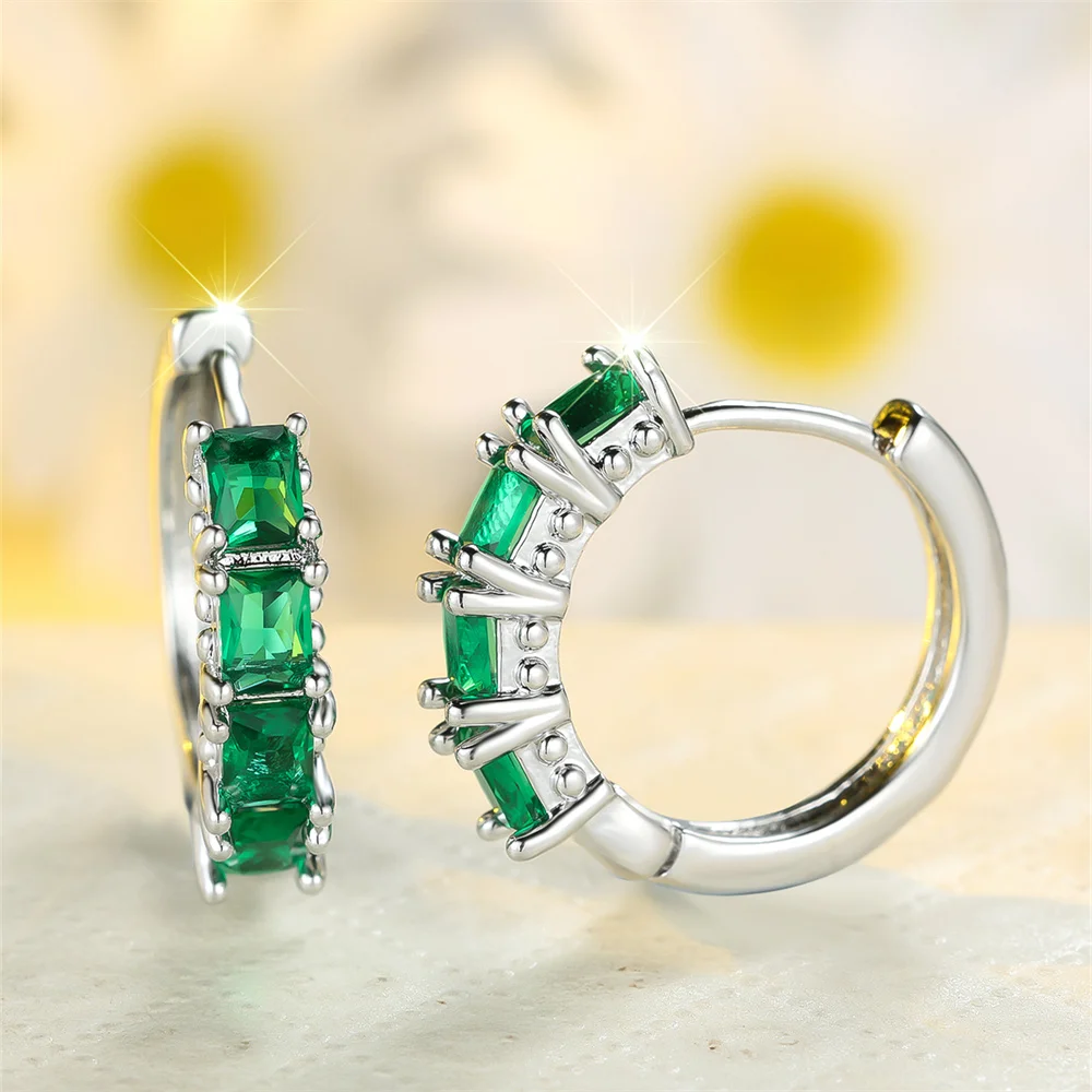 Fashion Green Crystal Zircon Geometric Stone Hoop Earrings For Women Vintage Silver Color Small Ear Buckle Wedding Jewelry Gifts
