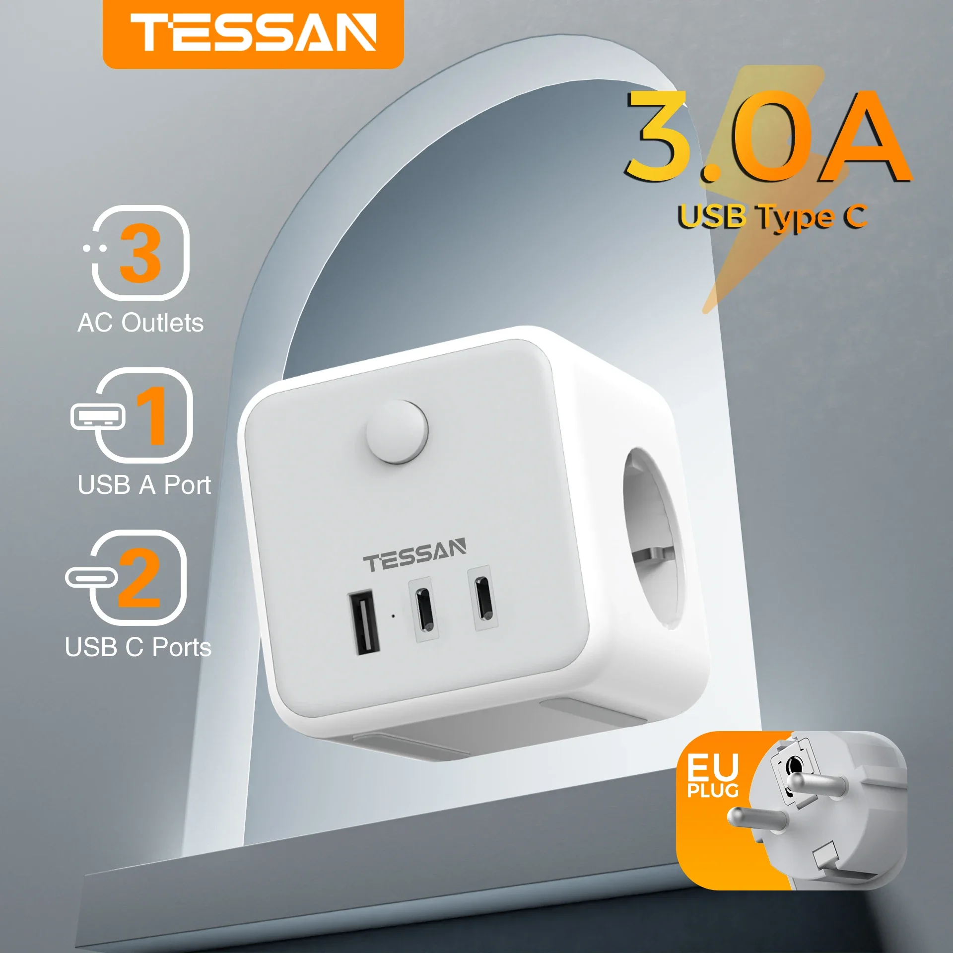 TESSAN Multiple Wall Socket Extender with 3 Outlets 1 USB 2 Type C European Plug Socket Adapter with Switch Overload Protection power strip plug adapter electrical socket wall socket extender