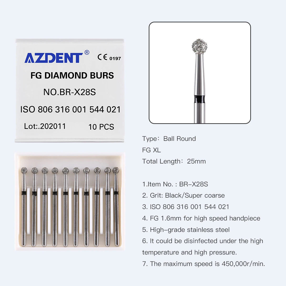 AZDENT 10 Stück/Box Dental-Diamantbohrer FG 1,6 mm Bohrkugel, runde grobe Körnung für Hochgeschwindigkeitshandstück, Zahnmedizin-Instrument – Detail 12