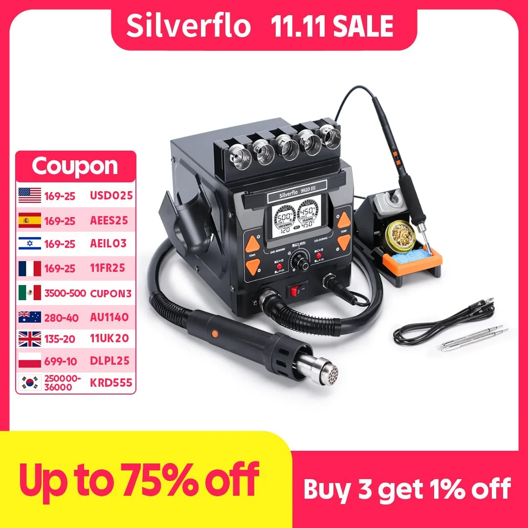 Silverflo 992D-III Precision Soldering Station 1220W Hot Air Rework Station Compatible C210/C245 Soldering Iron Welding soldering station,desoldering station