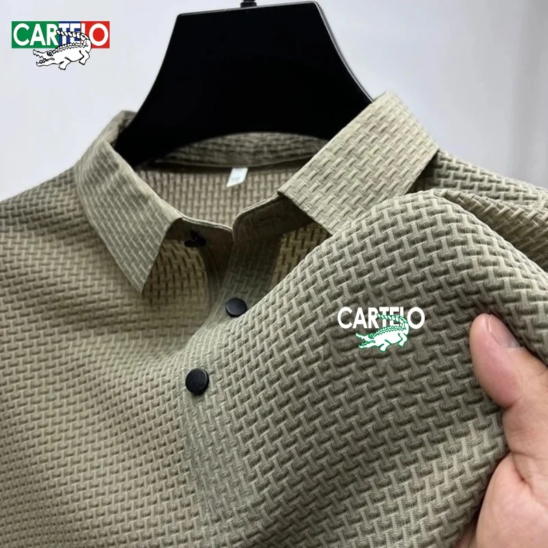 자수 CARTELO 남성용 고품질 중공 실크 부드러운 반팔 폴로 셔츠, 여름 트렌드 패션 캐주얼 통기성 T-shi