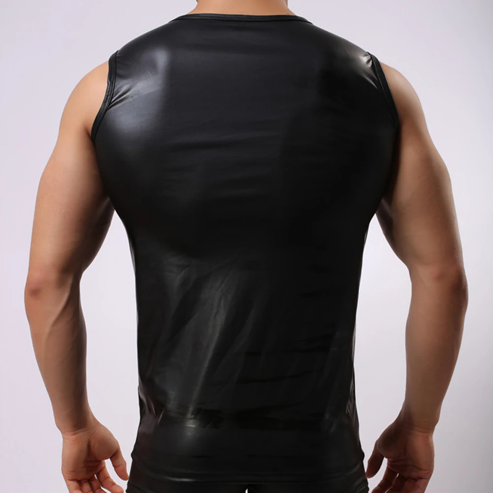 

Mens Sexy PU Leather Tank Tops Sleeveless T-Shirts Erotic Shaping Stretch Sheath Slim Vest Gay Sissy Undershirt Muscle Streetwea