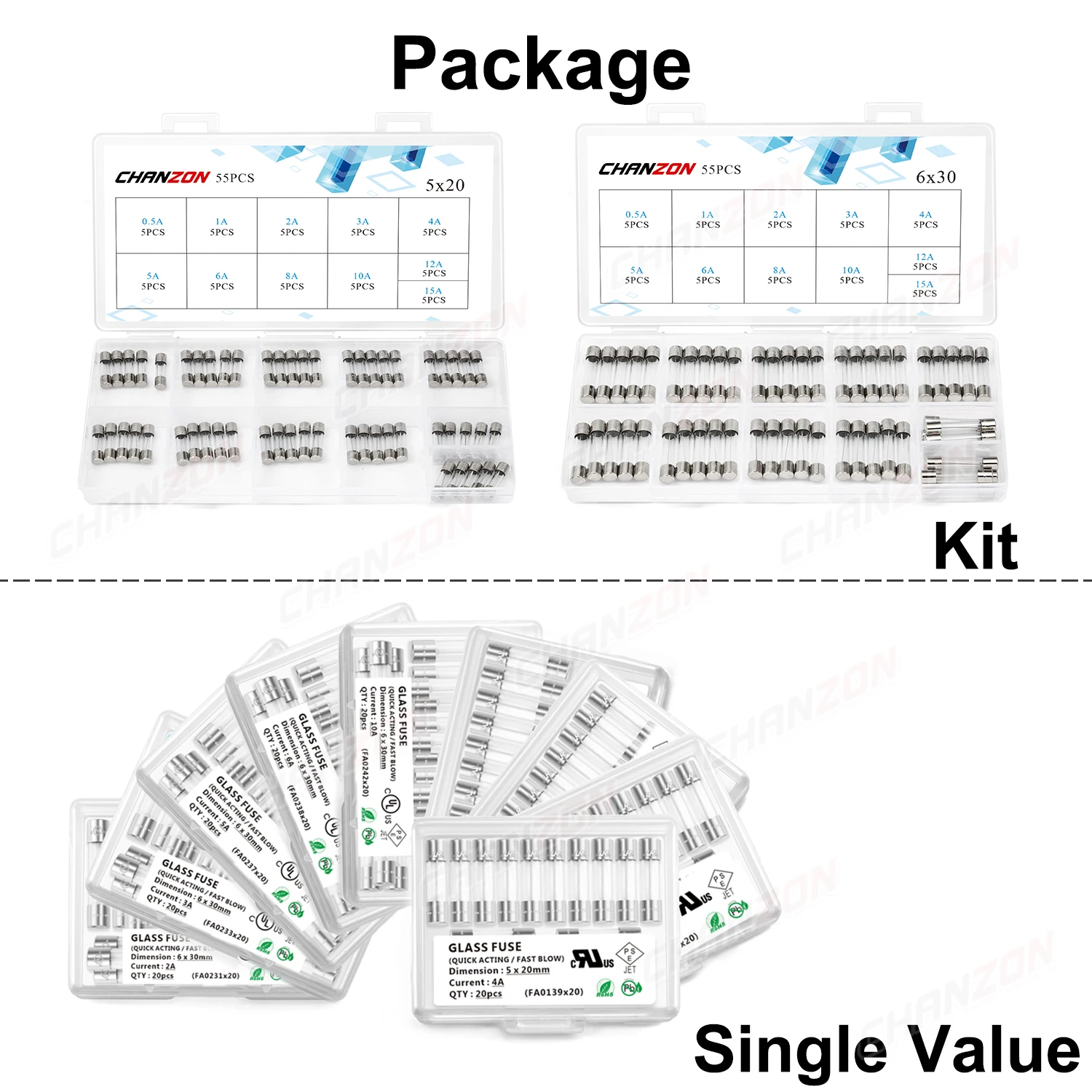 Tube Fuses Glass Fuse Kit 3.6x10 5x20 6x30 Fast Slow Blow, 0.5A-15A, 125V 250V, 5x20mm Assortment