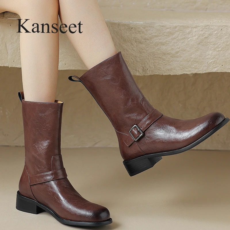 

Kanseet Mid-Calf Boots Women Autumn Winter Newest Vintage Genuine Leather Belt Buckle Round Toe Shoes Mid Heel Boot Big Sizes 48