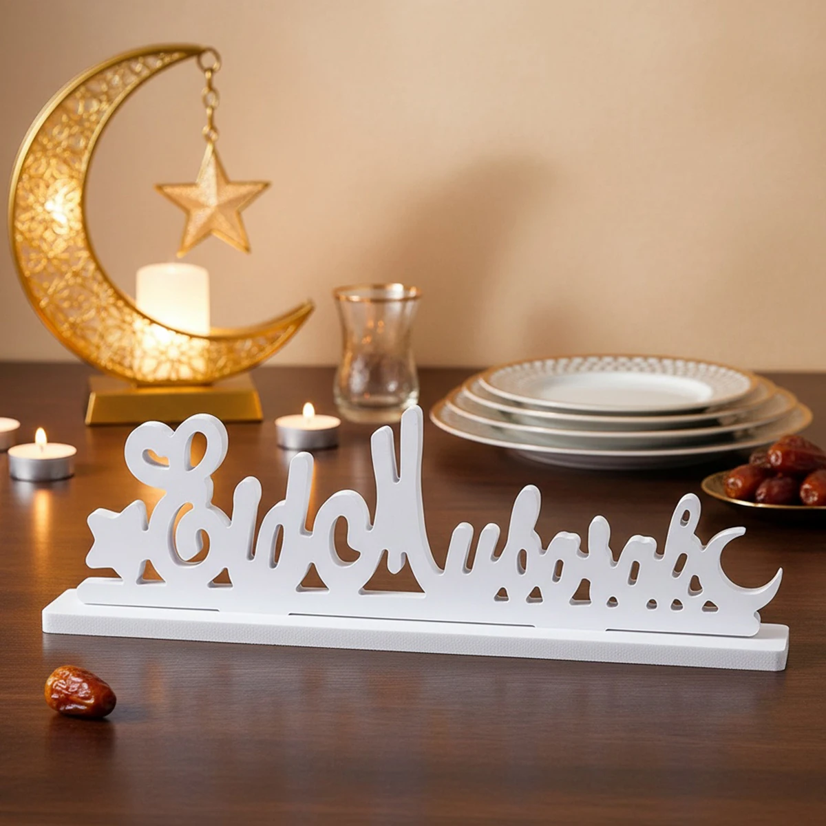 1PC, simple starry moon white Eid mubarak letter decorative ornaments, festival celebration design letter decorative handicrafts