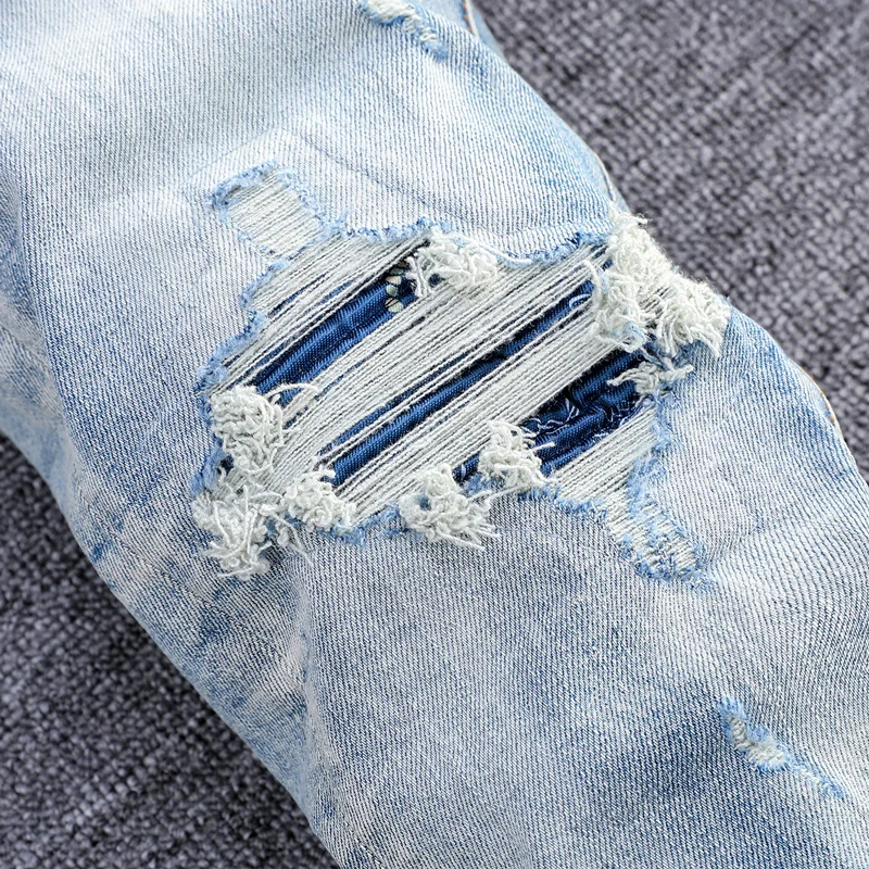 High Street Fashion Men Jeans Retro Blue Stretch Skinny Fit Ripped Jeans Men Bandana Patched Designer Hip Hop Brand Pants Hombre