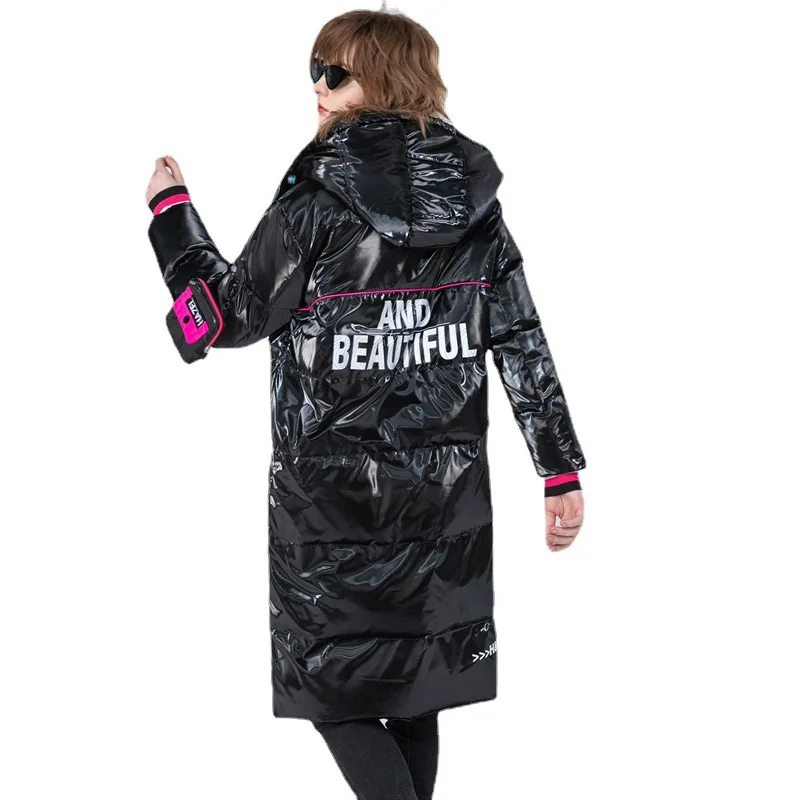 Outerwear Winter Warm Thicken Down Jackets Women Casual Shiny Letter Print Coats Clothing Loose Hooded Padded Jacket Coat Women