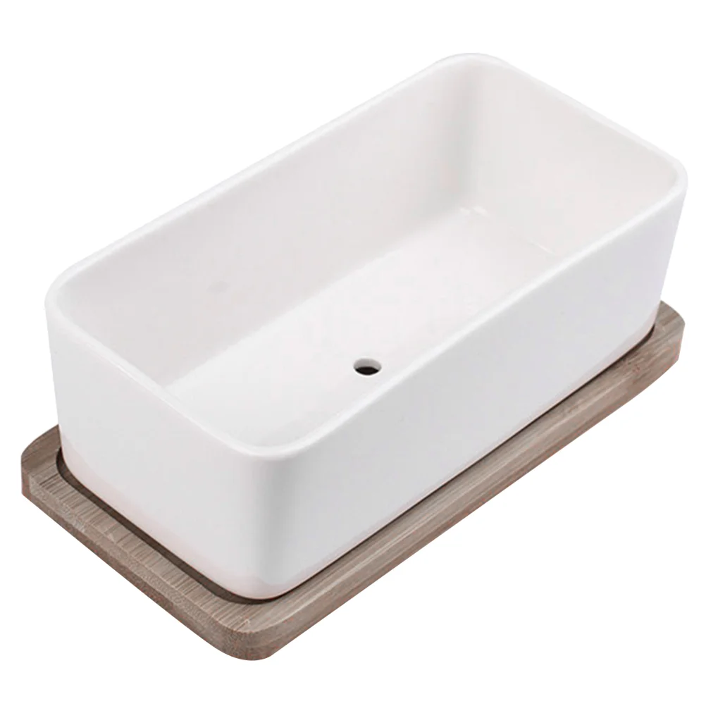 

Ceramic Pot Planter With Drainage Hole Rectangular Window Box Containers for Home Office Table Decoration with Saucer