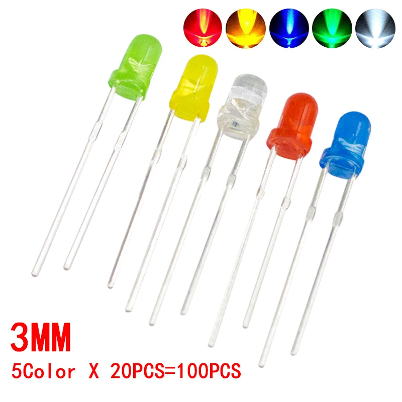 LED Light Kit 3mm 5mm 100pcs Assorted White Yellow Red Green Blue DIY LEDs Set