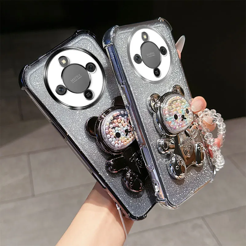 Stoßfeste Handyhülle mit 4 Ecken und niedlichem 3D-Bärenständer, Kristallketten-Lanyard, transparent, für Honor Magic8 Lite X9d X70, Rückseite – Detail 4