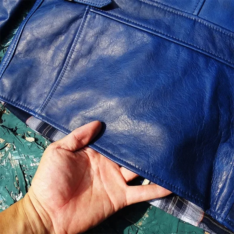 Description Picture 6 of itemshipping.Soft Free natural horsehide cloth.100% real tanned leather jacket.Classic Moto Rider coat.indigo.Plus size.
