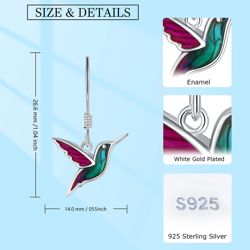 925 Sterling Silver Cute Animal Hummingbird Dangle Earrings With Enamel Mother's day Jewelry Birthday Gifts for Women Mom Girls